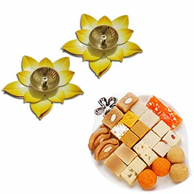 "Fancy Lotus Brass Diyas (Set of 2)(yellow),500gms of Assorted sweets - Click here to View more details about this Product